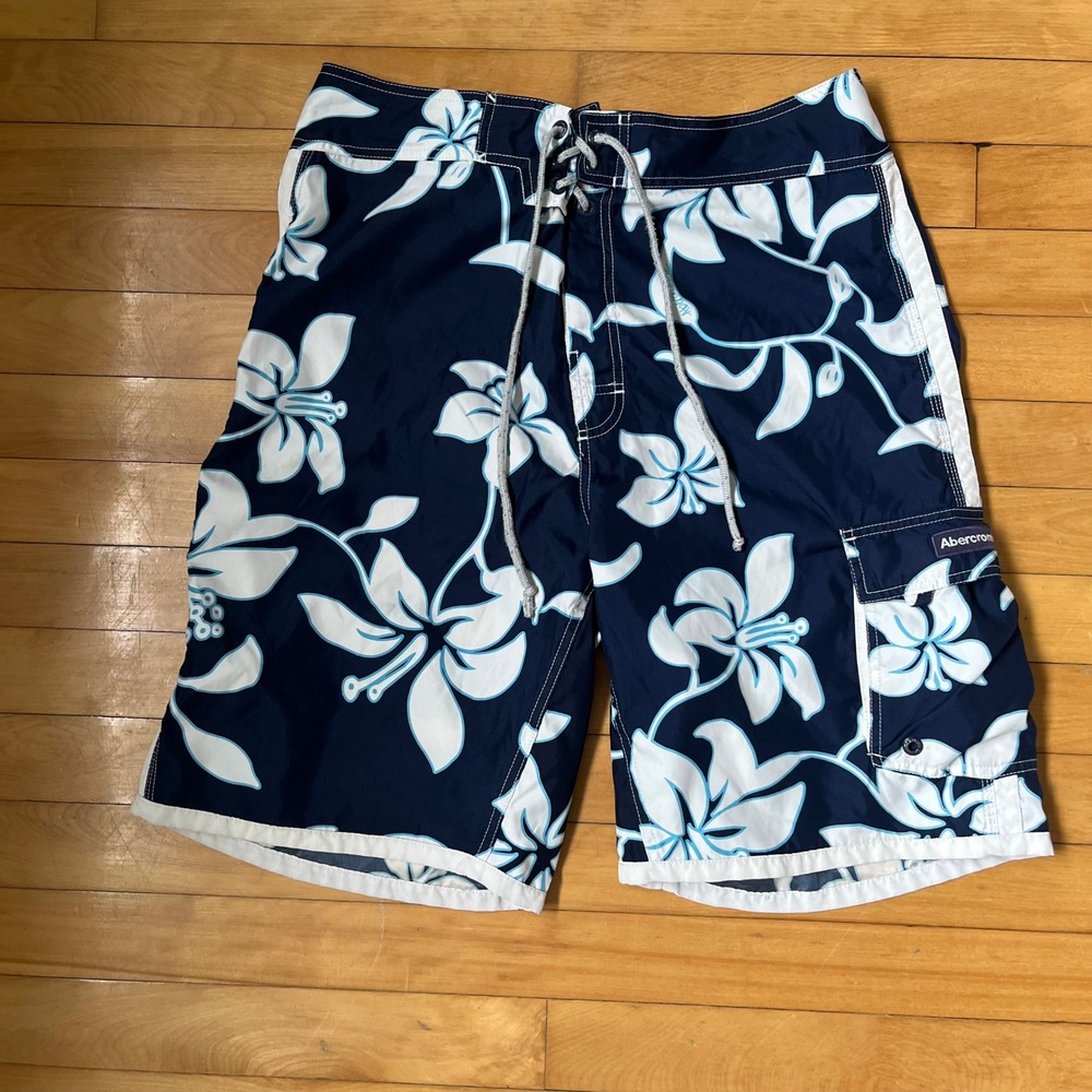 Abercrombie & Fitch Mens Navy Blue White Floral Hibiscus Board Shorts Size 34